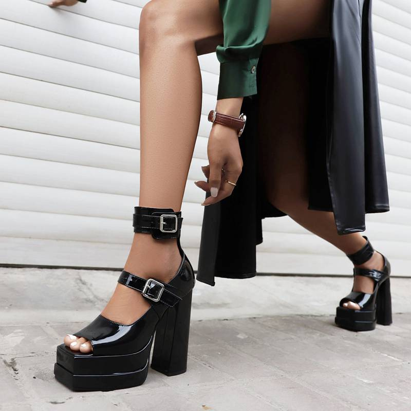 Black, patent leather, double strap, open toe, platforms 